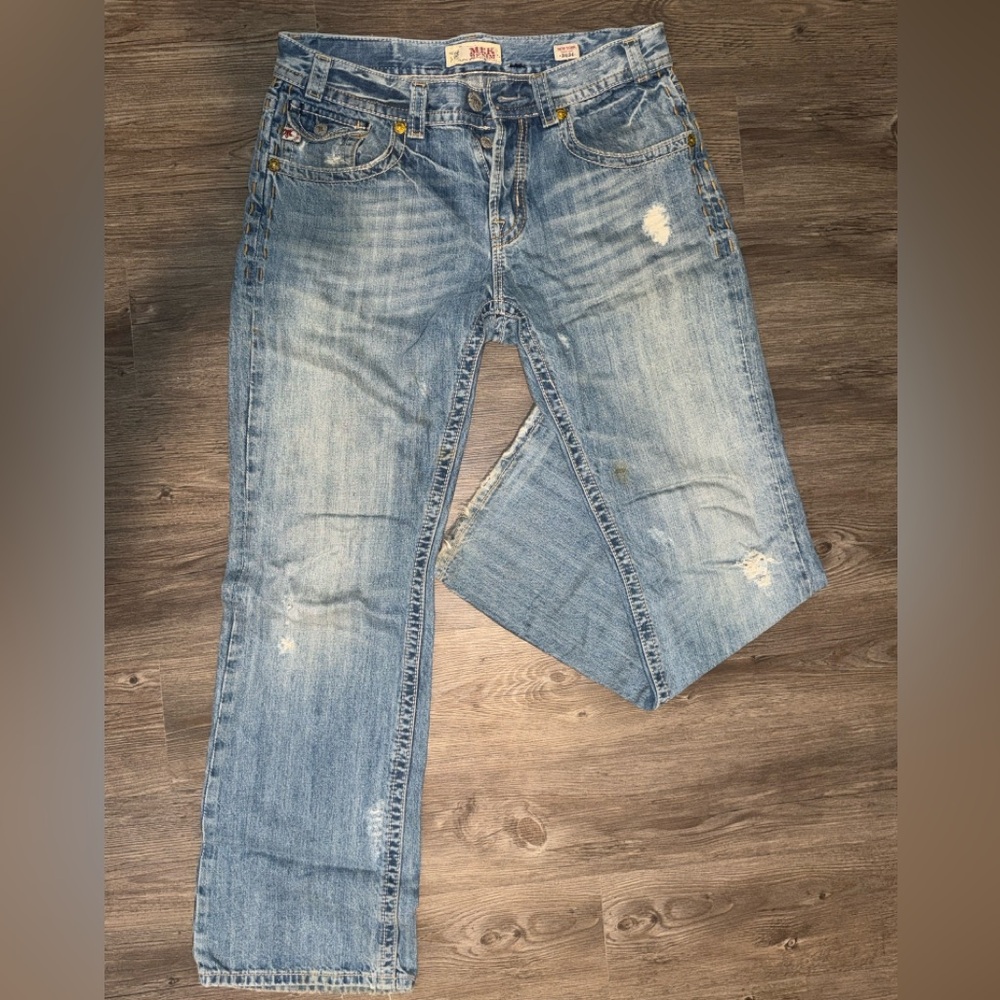 MEK Denim Distressed Boot Cut Blue Jeans